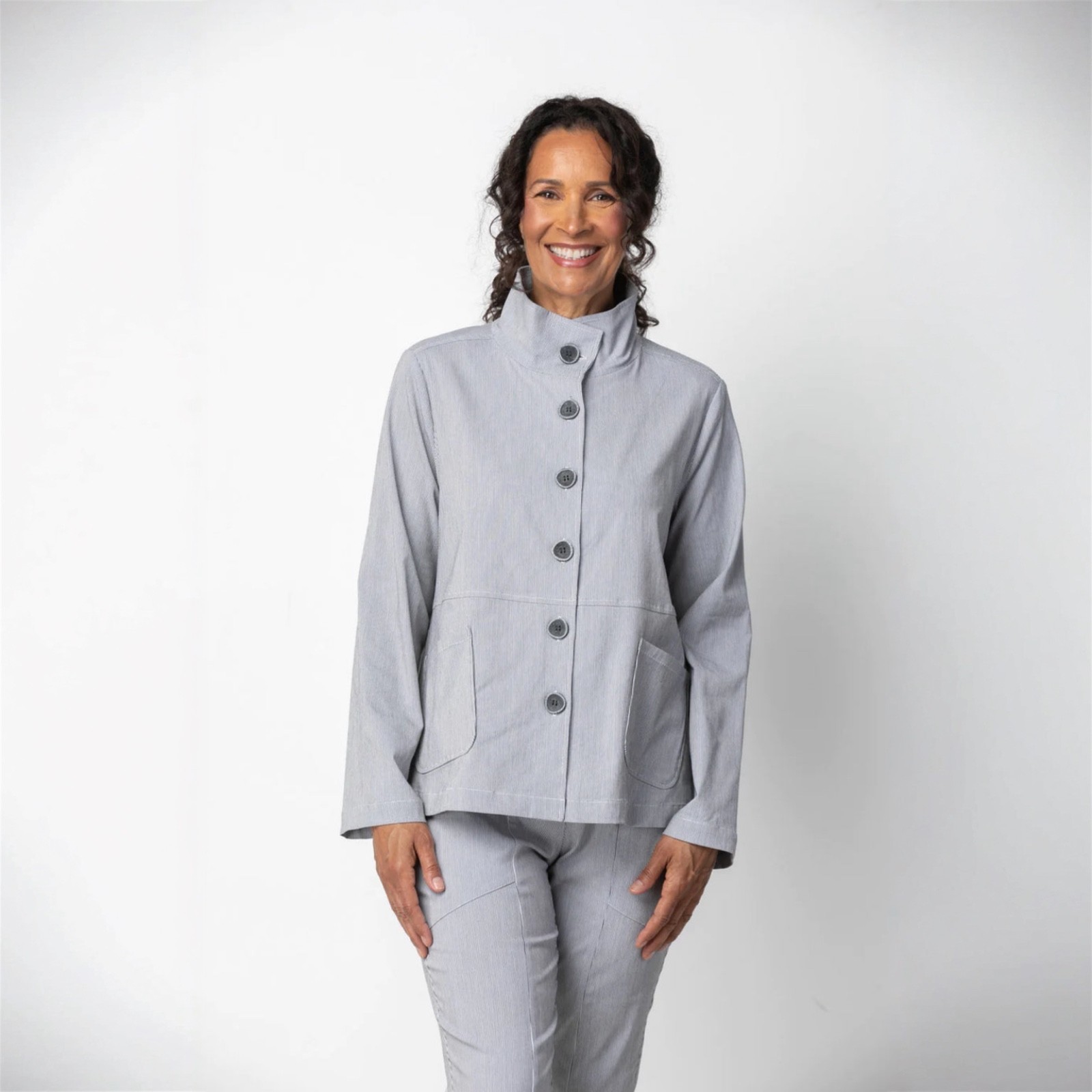 Habitat Sz S Oversized Hand Pockets Stretch Stripe Wash Blue White Jacket - $34.91