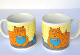 Taylor &amp; Ng Kitty Katfish 2 Cups Mugs  Orange Cat w Mouse Fish Bowl VTG 1981 MIJ - £39.48 GBP