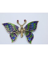 Vintage 14K Yellow Gold Blue &amp; Green Enamel Butterfly Brooch with Red St... - $958.62 CAD