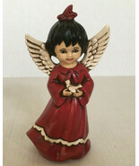 Vintage handpainted ceramic winter holiday Christmas dark hair red dress... - €17,09 EUR