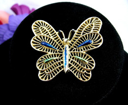  Butterfly Brooch Vintage Pin Goldtone, Blue &amp; Green Enamel Openwork Gerry&#39;s - £14.76 GBP
