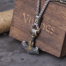 Vikings Valknut Gold Necklace Stainless Steel Mjolnir Thor&#39;s Hammer Mens Pendant - £15.80 GBP