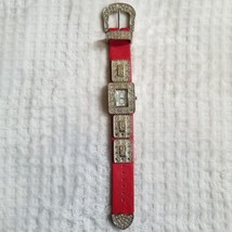 Geneva Platinum Red Silver Tone Rhinestone Accent Wide Strap Faux Leather Watch - £15.48 GBP