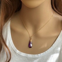 14K Solid Gold Purple Teardrop Pendant / Charm Dainty Adjust Necklace 16&quot;-18&quot; - £149.94 GBP+