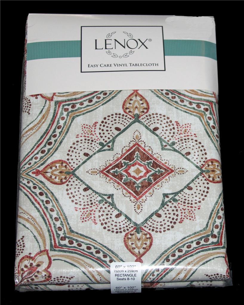 LENOX Squares Jacobean Medallion Neutral Tones Vinyl Flannel Back Tablec... - $23.99+