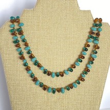 Teardrop Glass Teal Blue Brown Beads Beachy Southwest Style Long Necklace 48in - £15.76 GBP