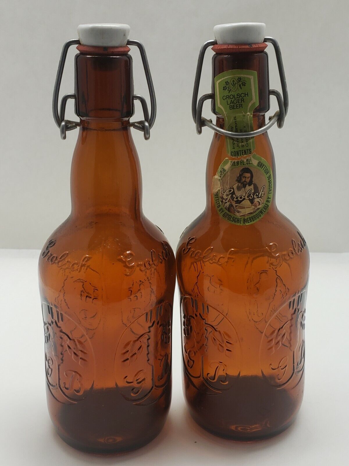 Primary image for Vintage Grolsch Beer Bottles Amber Brown Glass Porcelain Flip Swing Top Pair