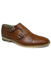 Chocolate Brown Men&#39;s Monk Leather Shoes With Cap Toe And Dual Buckle Strap - £99.88 GBP
