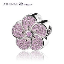 Genuine 925 Sterling Silver with Pave Pink CZ Plum Blossom Charm Beads Fit All E - £43.86 GBP