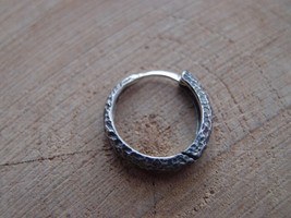 Stone design forged sterling silver unisex big hoop earring, Single handmade ear - $69.00