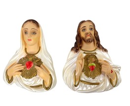 Vintage Sacred Heart Jesus &amp; Mary Wall Plaques Chalkware Plaster 7” Handpainted - £63.30 GBP