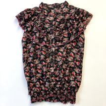 Women Floral Sheer Ruffle Blouse Black Red Shirt XS - £7.70 GBP