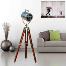 Designer chrome finish search light floor lamp with wooden brown tripod ... - £262.32 GBP