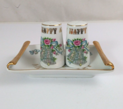 Vintage Lefton China Hand Painted Happy Anniversary Salt &amp; Pepper Shaker &amp; Tray - £12.31 GBP