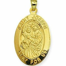 Solid 14k Real Yellow Gold Saint St. Joseph Pray for Us Oval Pendant Charm - £382.73 GBP