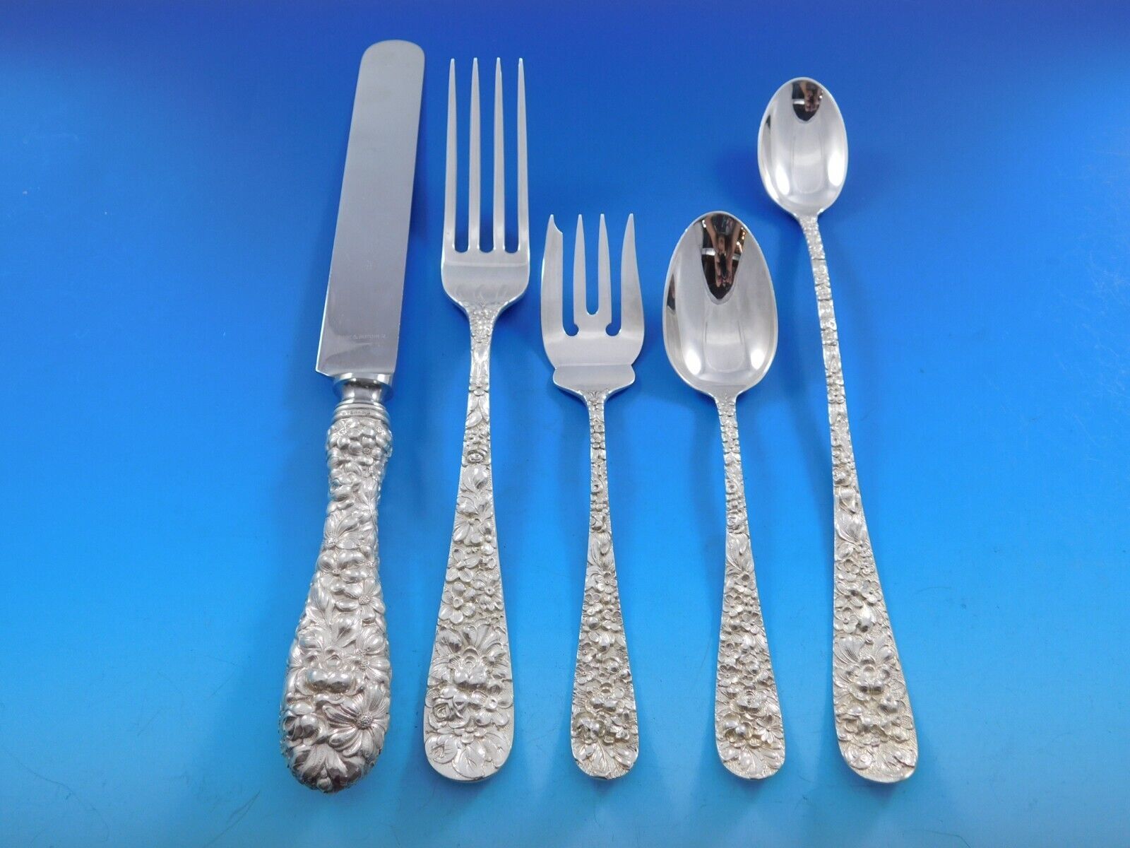 Rose by Stieff Sterling Silver Flatware Set for 12 Service 60 pc Repousse Dinner - £3,868.34 GBP