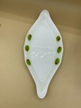 Art Glass Olive Tray White Glass Clear Bubbles 12” X 5” Green Olives - £12.54 GBP