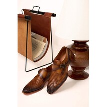The Rolls Woven Tan Leather Single Monk Strap Handmade Men Shoe image 12