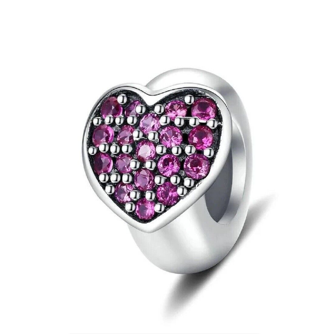 Primary image for Sterling Silver 925 Pink Love Heart Stopper Bead Charm With Pink Cubic Zirconia