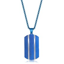 Stainless Steel Blue Textured Silver Double Lined Dog Tag Necklace - £42.48 GBP