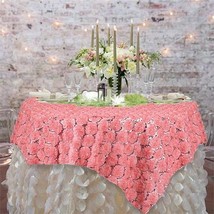 72X72&quot;&quot; Rose Quartz Pink Raised Roses Sequins Lace Table Overlay Wedding Toppers - £32.74 GBP