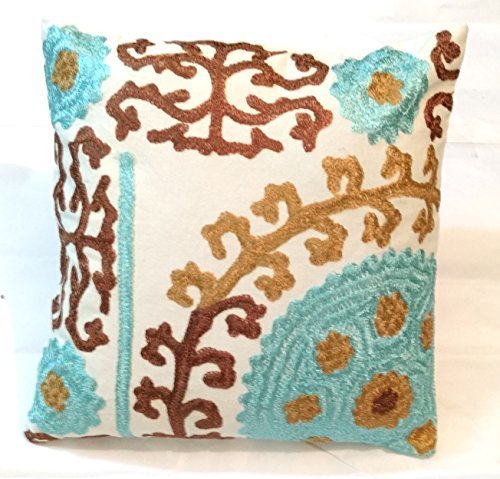 Traditional Jaipur Suzani Pillow Cover 16x16, Embroidered Outdoor Cushions, Deco - $16.65