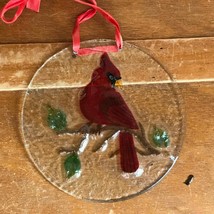 Estate Embossed Clear Glass Circle w Painted Red Cardinal Window Decorat... - $11.29