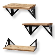 Rustic Wood Wall Shelves Set Of 3,Floating Shelves Wall Mounted With Metal Brack - £39.78 GBP