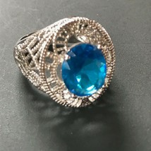 Estate Wide Ornate Lacey Silvertone w Large Aqua Blue Oval Rhinestone Ring Size - £17.65 GBP