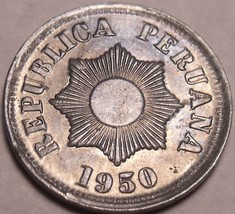Scarce Rare Unc Peru 1950 2 Centavos~Radiant Sun~1st Year Ever~Zinc~Free... - £3.27 GBP
