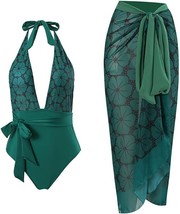 Imekis Woman&#39;s Green Flower One-Piece Swimsuit with Cover-Up Wrap Skirt ... - £13.93 GBP