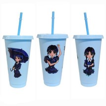 Wednesday Addams Plastic Cup Tumbler 24 oz UV DTF Design Blue With Straw - £10.11 GBP