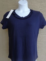  Being Casual Large  Ribbed Cotton Knit Ruffled Scoop Neck Tee Top Navy - $11.39