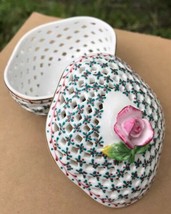 Vtg Royal Danube Reticulated Porcelain Trinket Box Rose Top Handle Pink Aqua Wht - £13.70 GBP