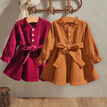 Girls Long Sleeve Corduroy Dress Burnt Orange or Red Belted Button Up - £18.82 GBP