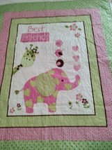 Best Friends Baby Quilted Blanket Pink &amp; Green Giraffe Elephant Birds 36&quot;X44 - £30.86 GBP