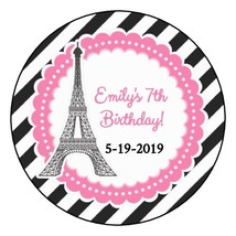 12 Paris Birthday Party Stickers Favors Labels tag 2.5&quot; pink black, Eiffel Tower - £9.52 GBP