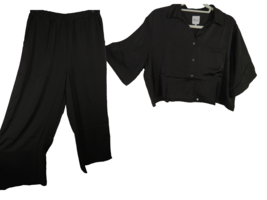 Plush Apparel Revolve Women&#39;s Black Satin Crop Top &amp; Wide Leg Pants Size M - £19.33 GBP