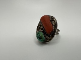 Vintage Southwestern Sterling Silver Coral Turquoise ZUNI Ring Size 10.75 - £116.81 GBP