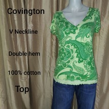 Covington Green Printed Double Ruffled Hem V Neckline Top Size S - £4.79 GBP