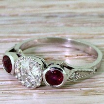 Ruby &amp; Simulated Diamond Vintage 3-Stone Engagement Ring 14K Gold Plated Silver - £94.53 GBP