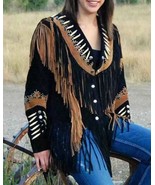 Women Black Leather Jacket Traditional Western Buckskin Suede Leather Jacket - $63.36 - $98.01