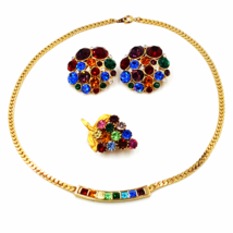 Vintage Rhinestone Rainbow Jewelry Lot  Necklace Earrings and Grape Cluster Pin - £47.16 GBP