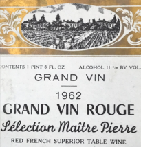 1962 Grand Vin Rouge Maitre Pierre Red French Wine Bottle Label 5.75x4 F... - £20.81 GBP