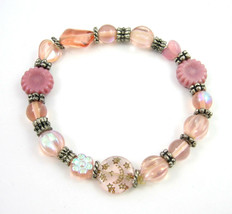 PINK GLASS BEADS BRACELET MOON STARS Vintage Hearts Stretch Elastic Silv... - £14.89 GBP