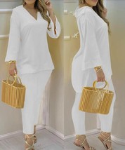 Solid Color Flare Long Sleeve V Neck Blouse Pant Sets Fashion Women Office Strai - £78.41 GBP