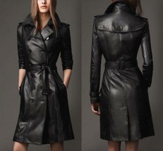 New Women&#39;s Genuine Leather Pure Soft Lambskin Long Overcoat Trench Coat Jacket - £135.48 GBP