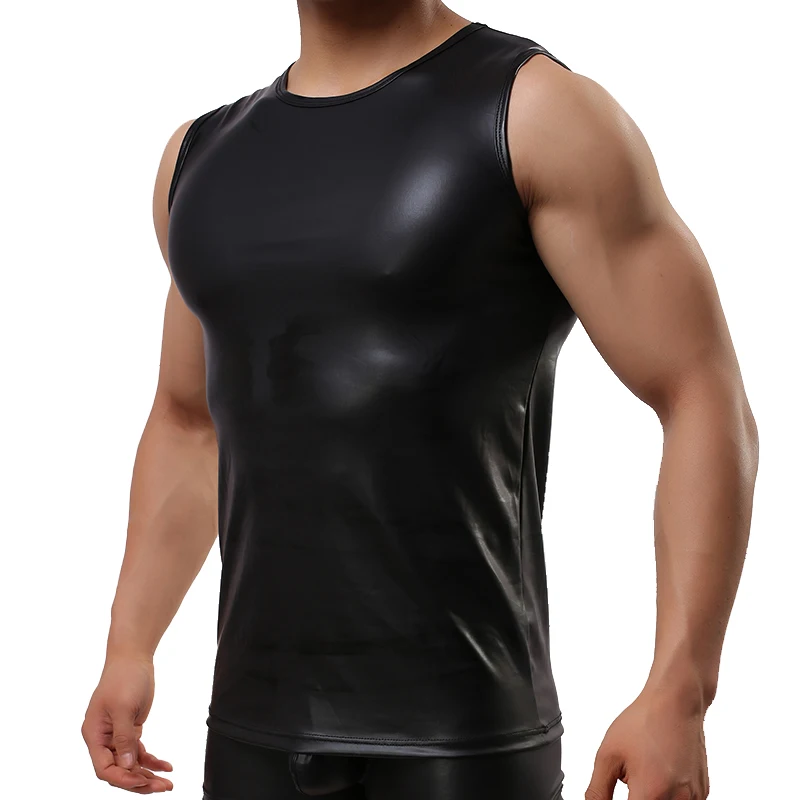 Sporting Summer Men Ay Solid Color Sleeveless Tank Faux Leather Slim Vest Tank T - £31.96 GBP