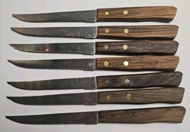 Steak Knives Lot Of 7 Stainless Steel Japan Wood Handles Serrated Vintag... - $14.39