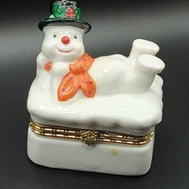 Snowman w/ Top Hat And Scarf Porcelain Hinged Trinket Box PHB Laying In Snow - £8.77 GBP